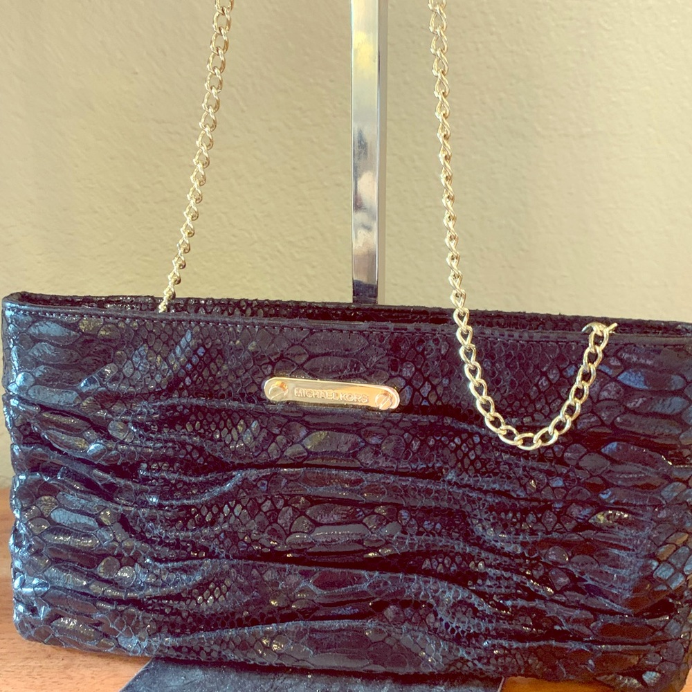 Michael Kors black leather Snake Embossed gold bag